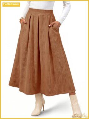 Corduroy Maxi Skirt High Waist A-Line Pleated Long Skirt
